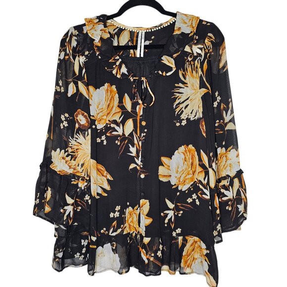 Anthropologie M Black Romantic Ruffled Peasant Blouse Boho Floral Career Office - Picture 2 of 7